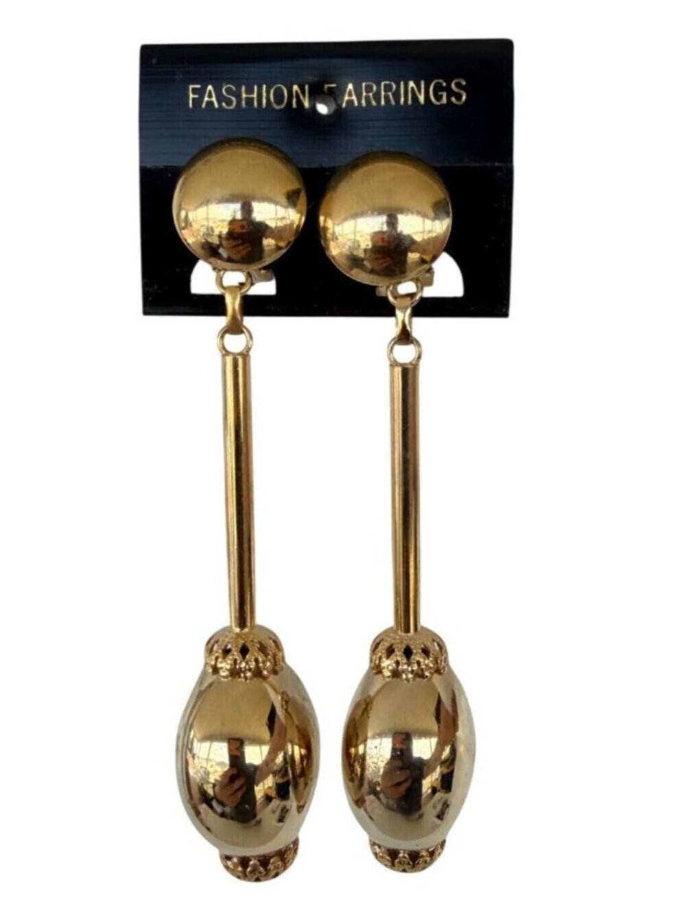 Vintage NOS Large Statement Clip-On Gold-Tone Long Dangle Earrings Orb Pendulum